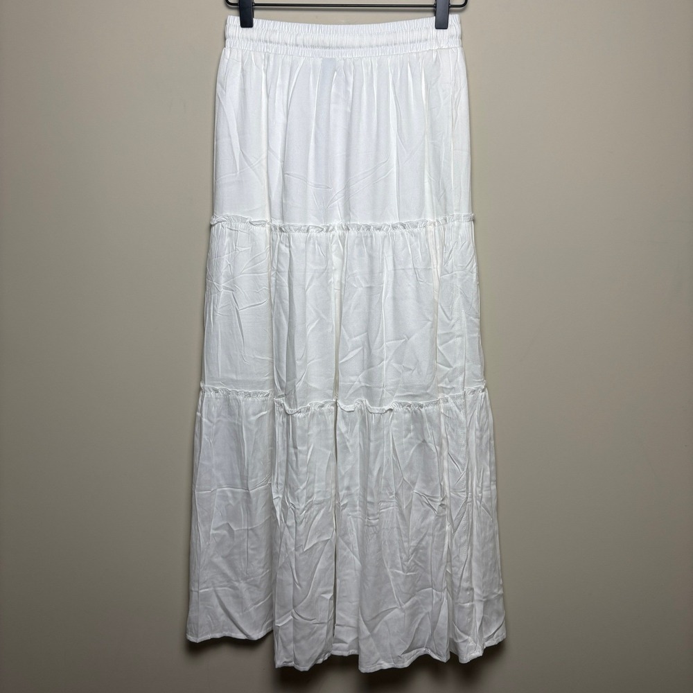 NWT HAEOF White Drawstring Elastic Waistband Tiered Long Maxi Skirt Womens XS - Picture 5 of 8